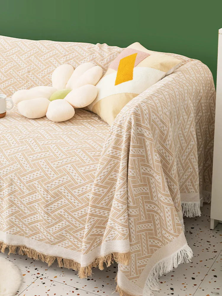 Solid colour polyester chenille sofa cover in khaki white plaid pattern, Nordic simple style, 180x180cm size