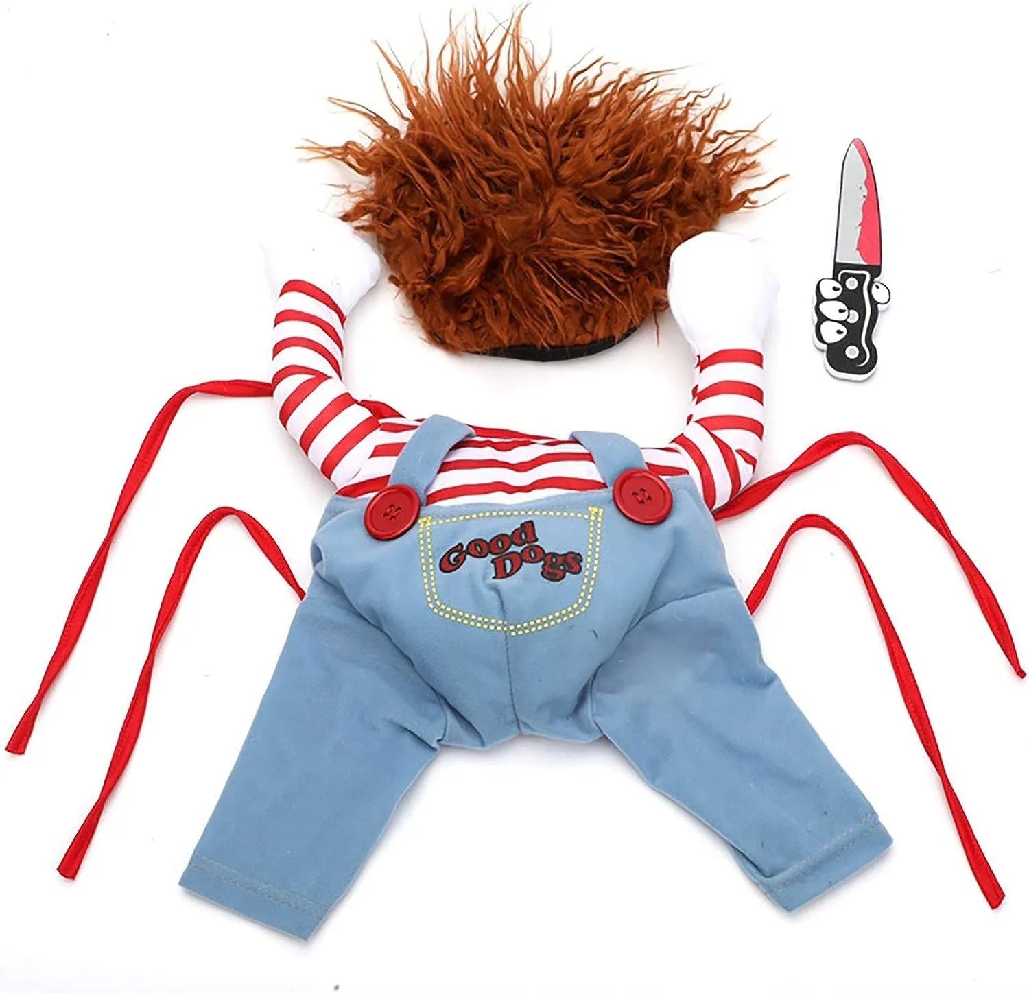 Striped Halloween costume set for pets including vest, pants, and plastic knife accessory