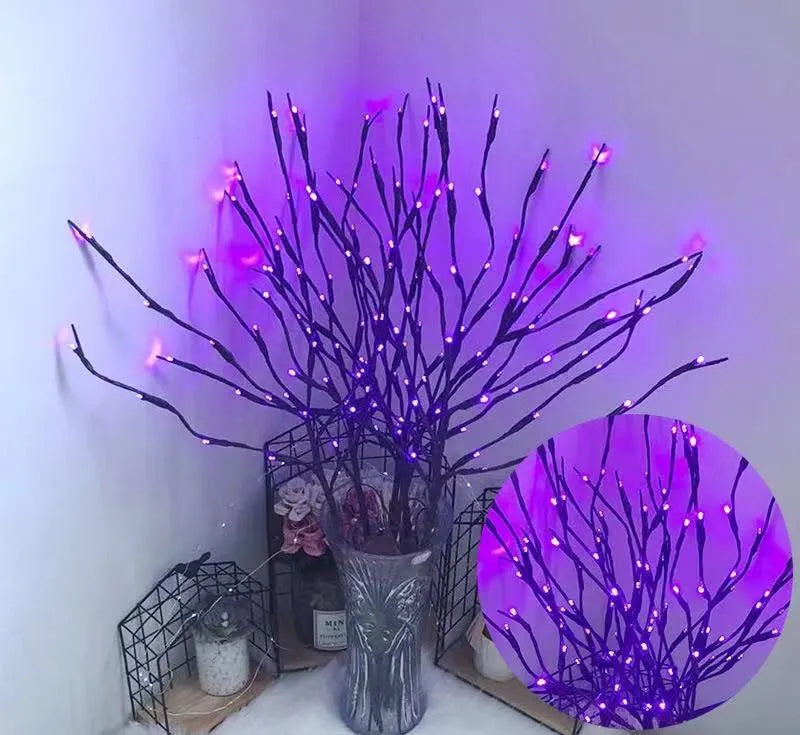 LED silver birch tree light in vase with multiple colour options showing artificial branches