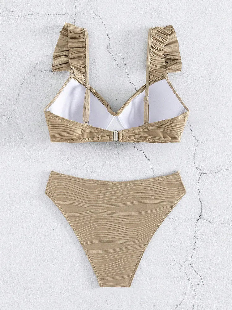 Women's solid colour bikini swimsuit set in black or khaki options