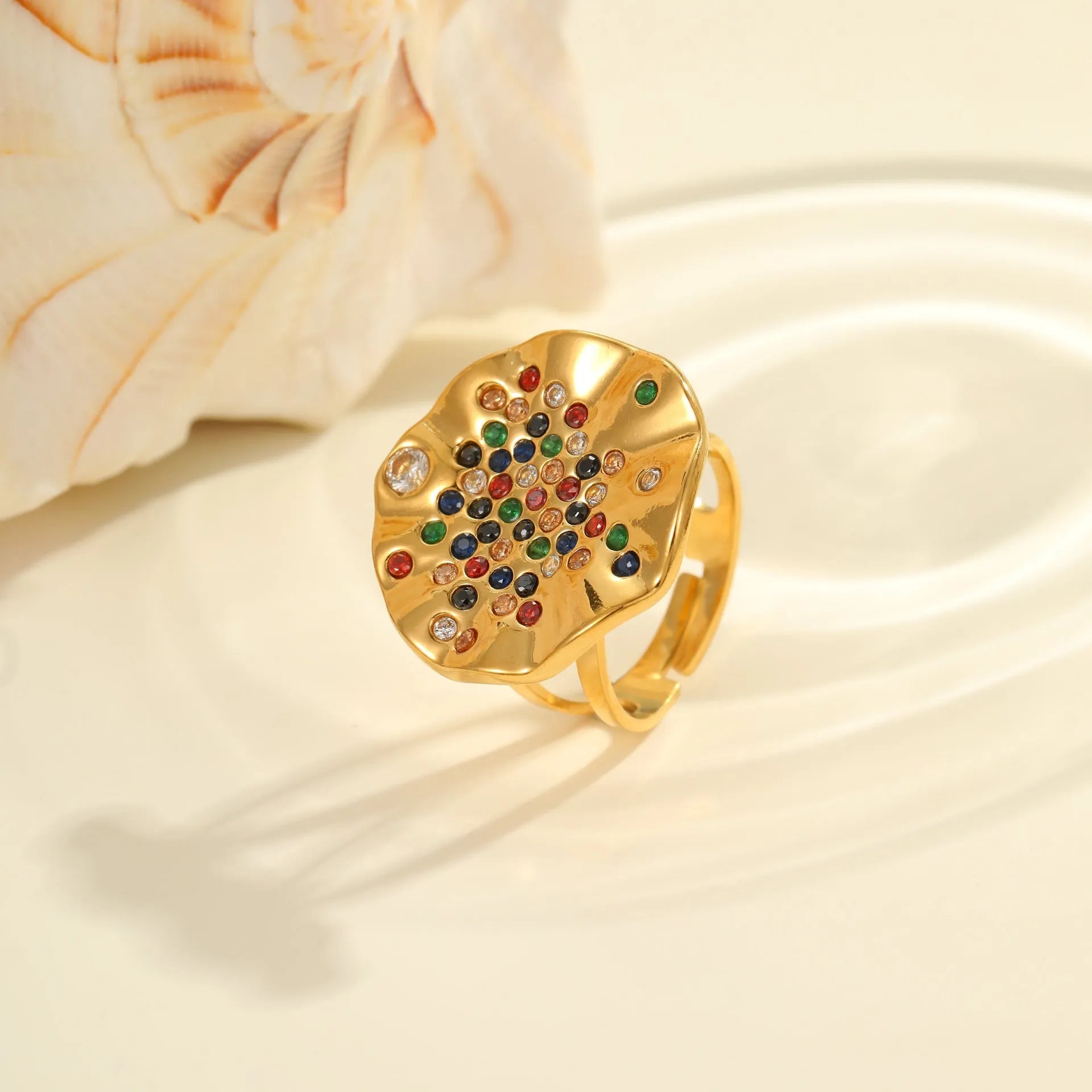Geometric stainless steel ring with pleated detailing and inlaid colour diamond titanium accents