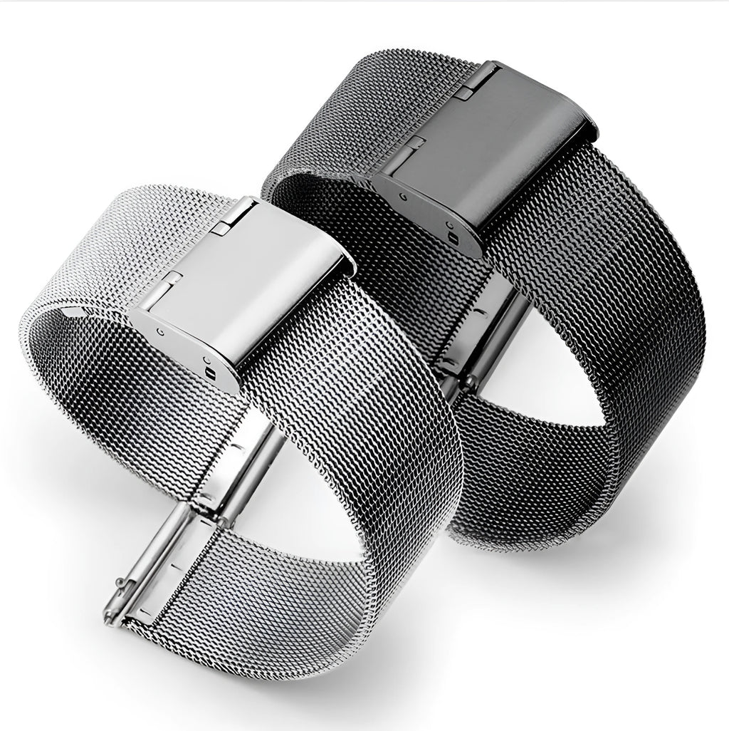 Milani stainless steel watch band with woven silk texture in silver, black, rose gold, and gold colours.