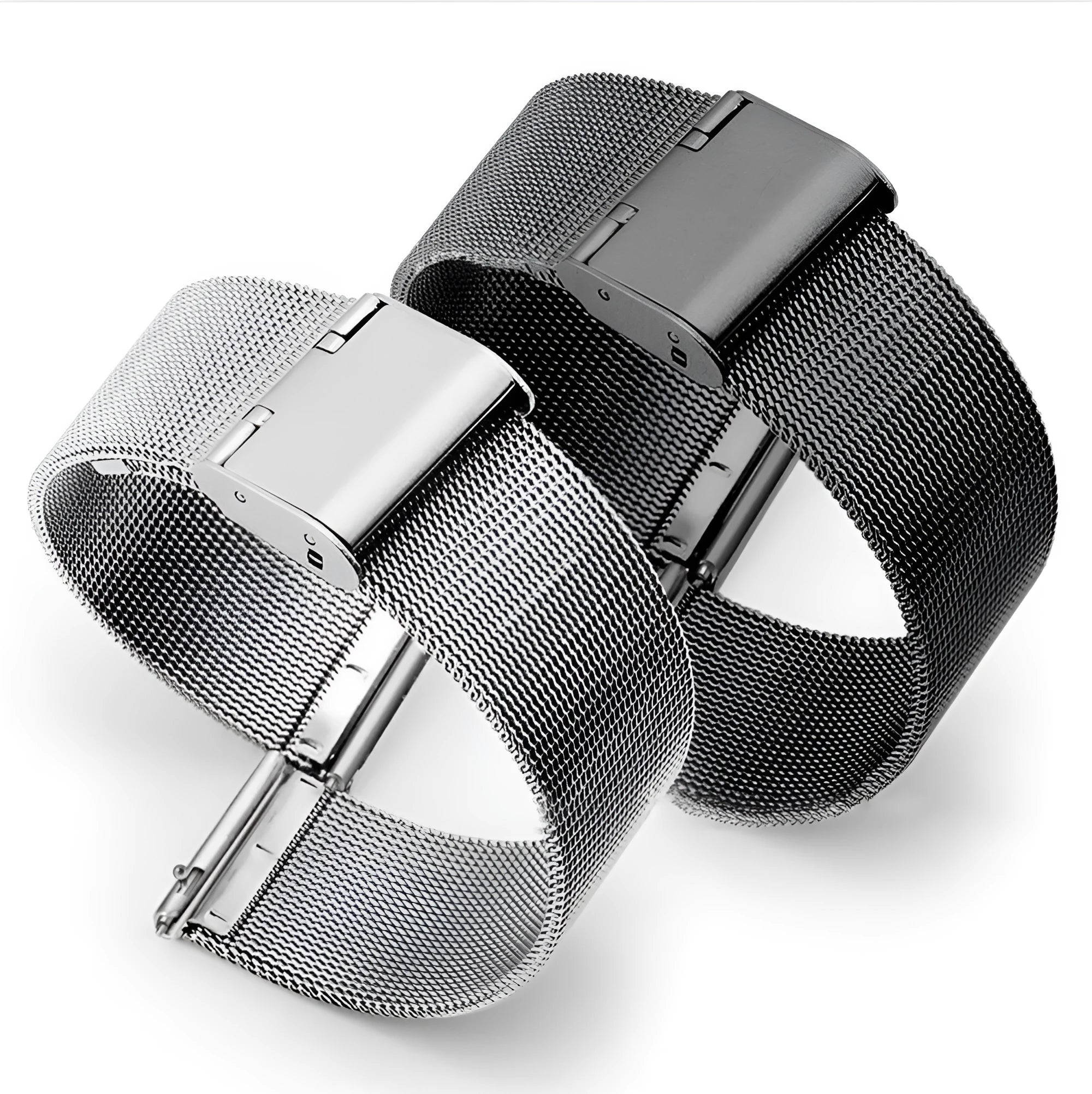 Milani stainless steel watch band with woven silk texture in silver, black, rose gold, and gold colours.