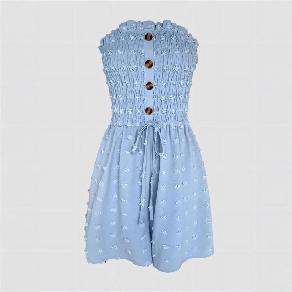 Women's blue off-shoulder jumpsuit with sleeveless design and button details