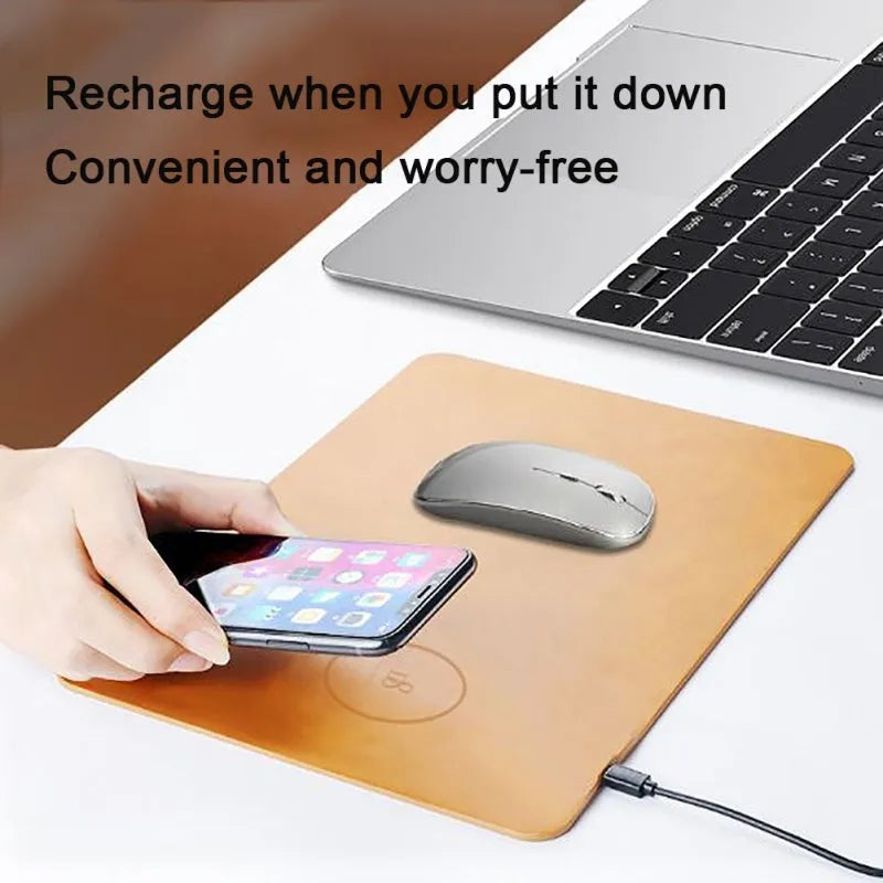 Brown leather-textured wireless charging mouse pad with micro USB cable