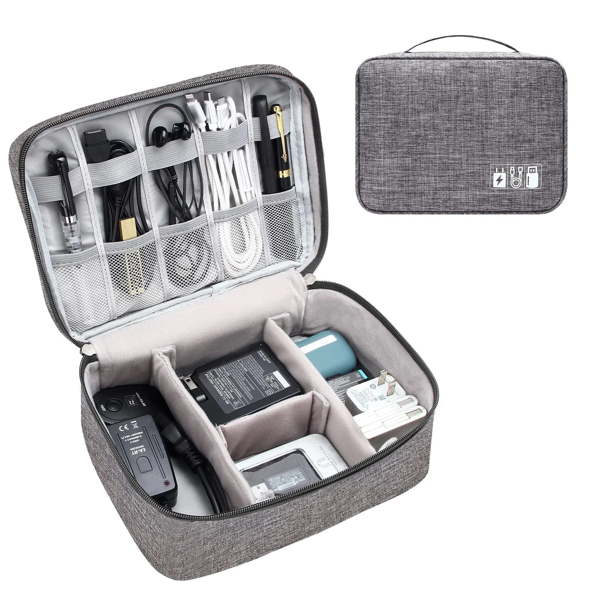 Black travel cable organiser bag open, showing mesh pockets, elastic loops, and removable padded dividers.