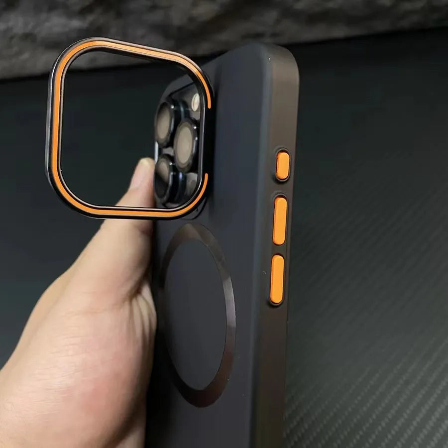 Frosted magnetic bracket phone case in black for iPhone 15 Pro Max with lens protector