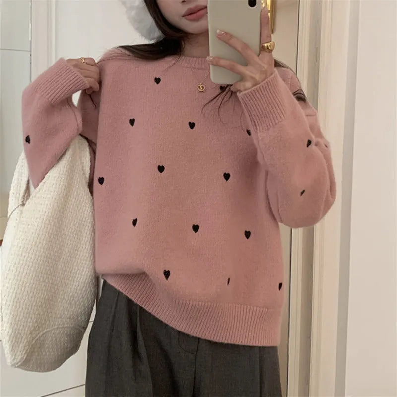 Women's acrylic pullover sweater with embroidery detail in loose fit free size design