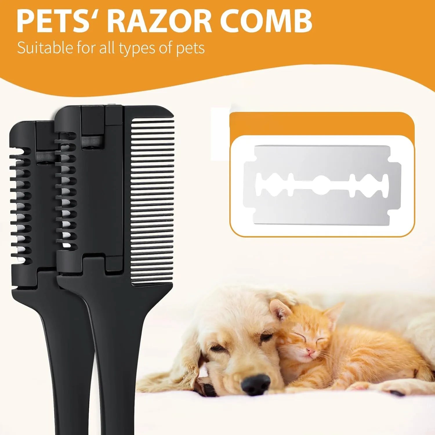 A razor comb for grooming dogs and cats with a comb and trimmer blade, includes 10 replacement blades.