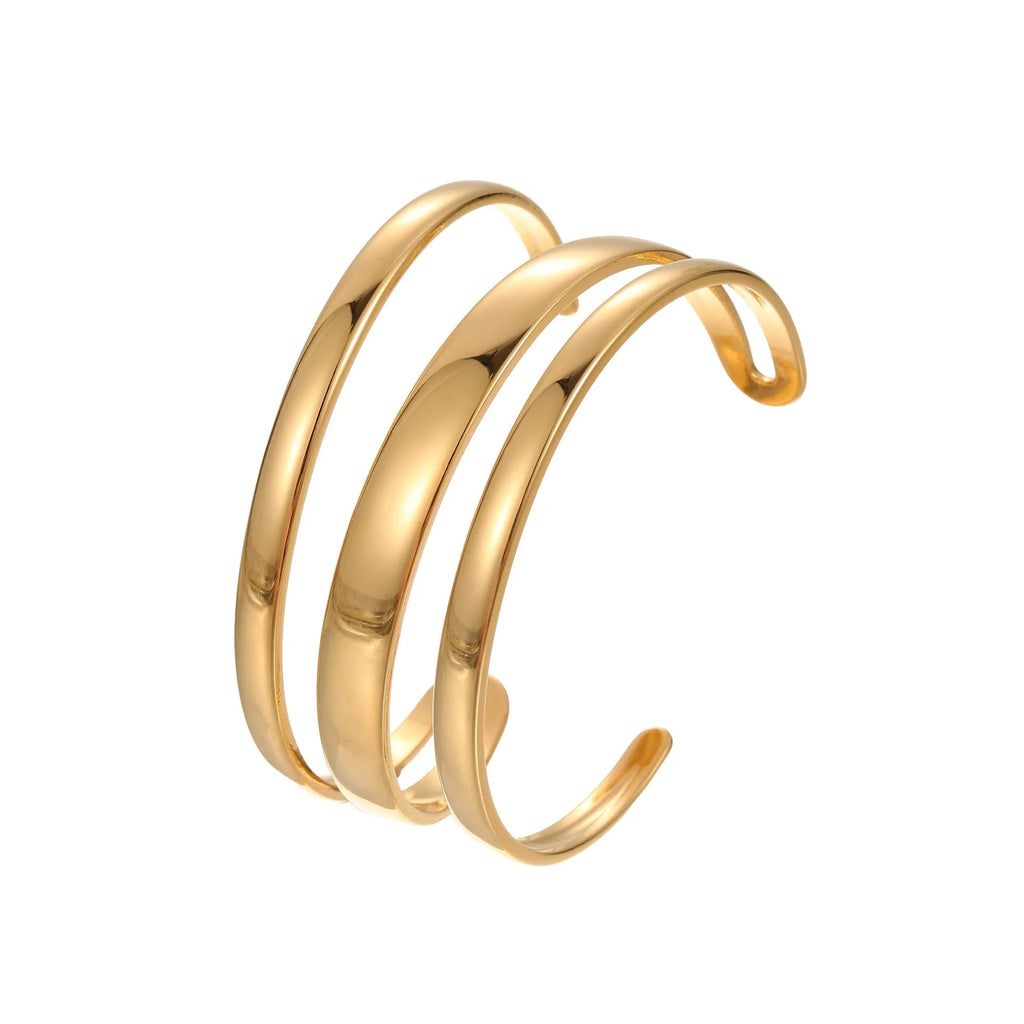 Stainless steel women's bracelet with geometric design and 18K gold electroplating in gold and steel colour options
