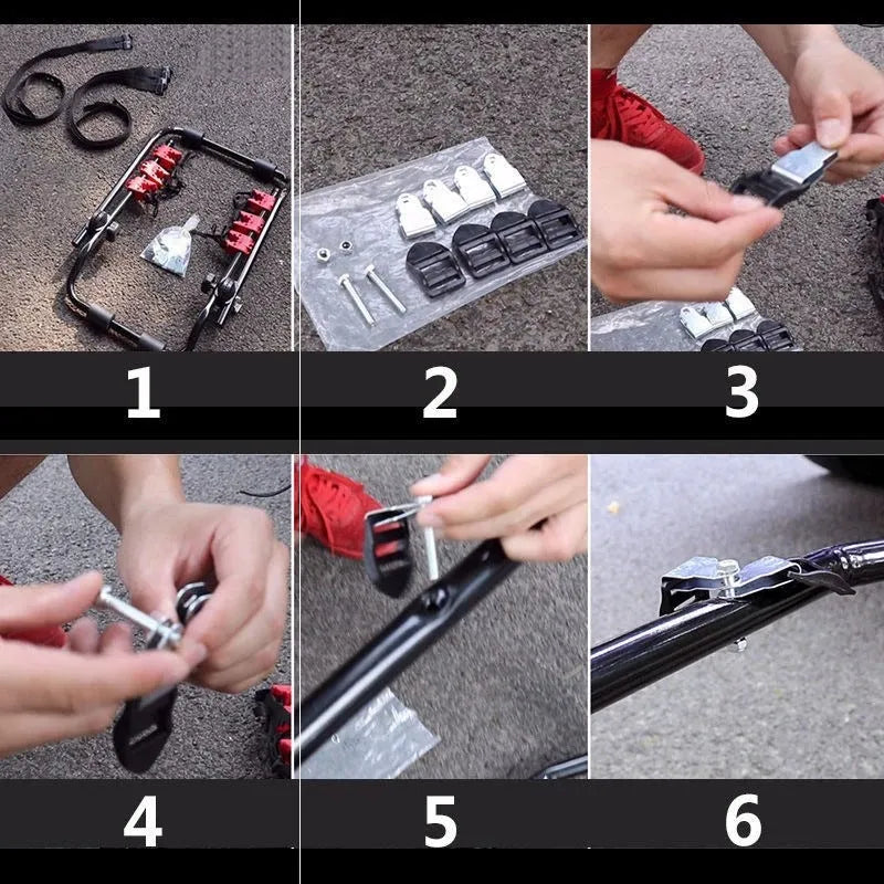 Black and red trunk-mounted car bike holder rack showing tie rope and pull belt fastening options