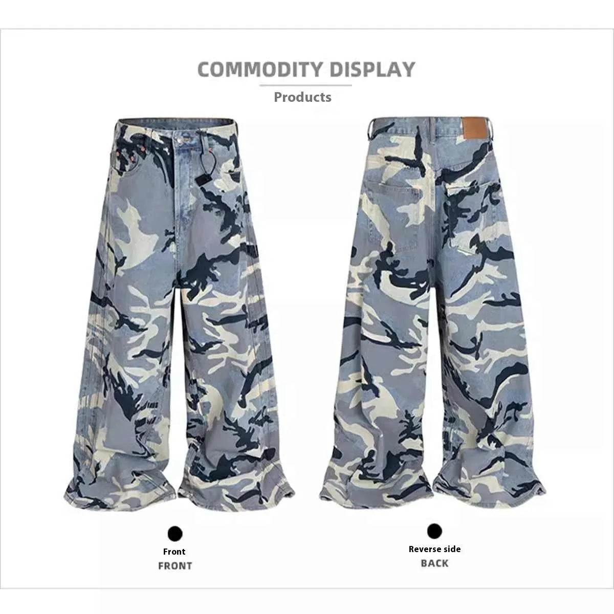 Snow camouflage blue loose fit jeans with mid waist design in cotton elastic denim fabric