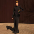 Long sleeve high collar slim fit pleated backless dress in a solid colour.