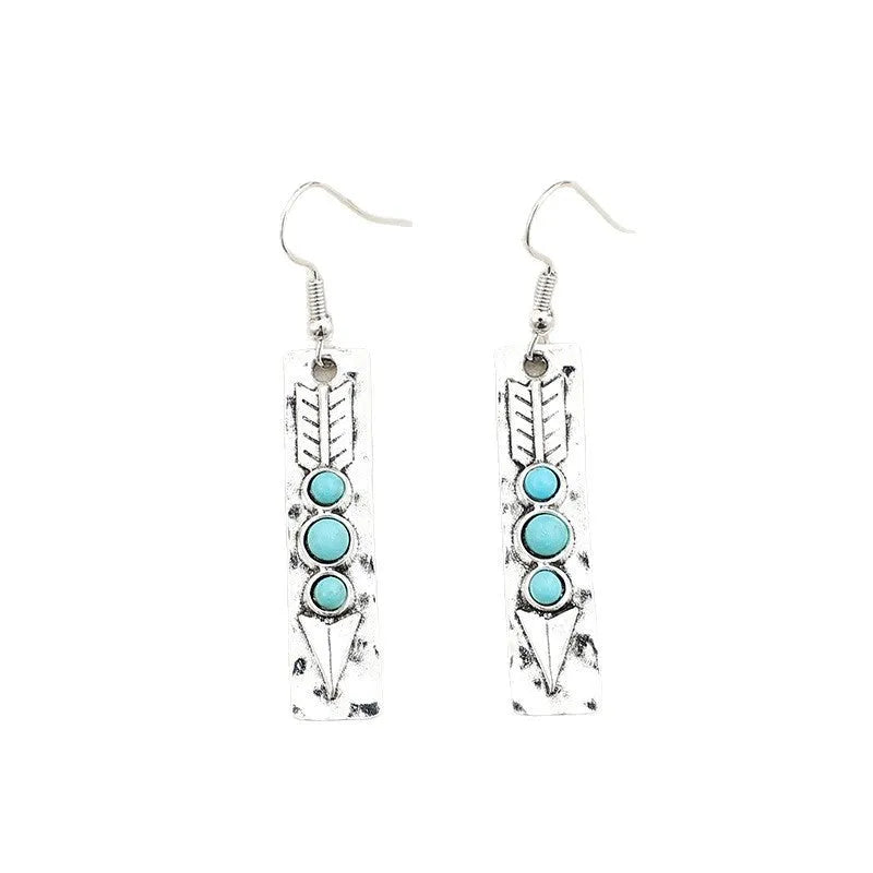 Silver geometric earrings with long strip design and turquoise inlay for women