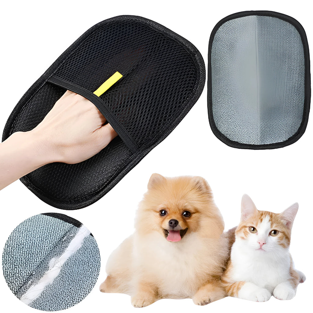 Black pet grooming gloves with silicone bristles for removing hair from dogs and cats