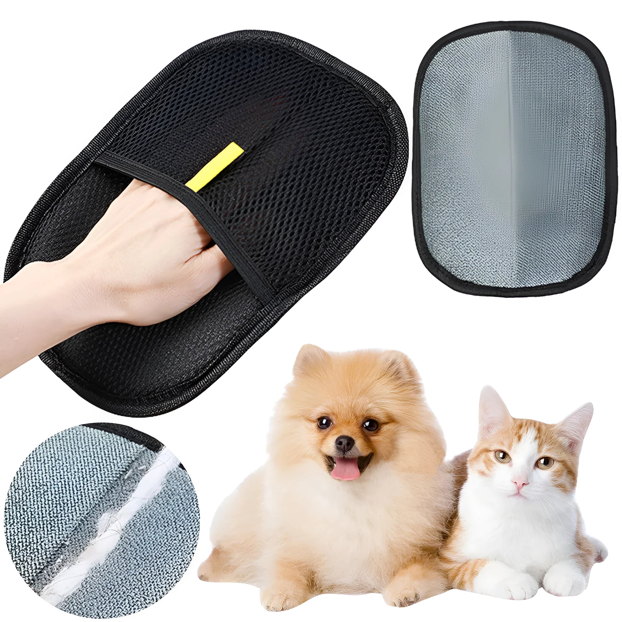 Black pet grooming gloves with silicone bristles for removing hair from dogs and cats