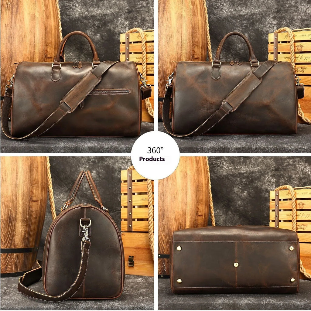 Men's large genuine leather crossbody bag in vintage style with shoulder strap
