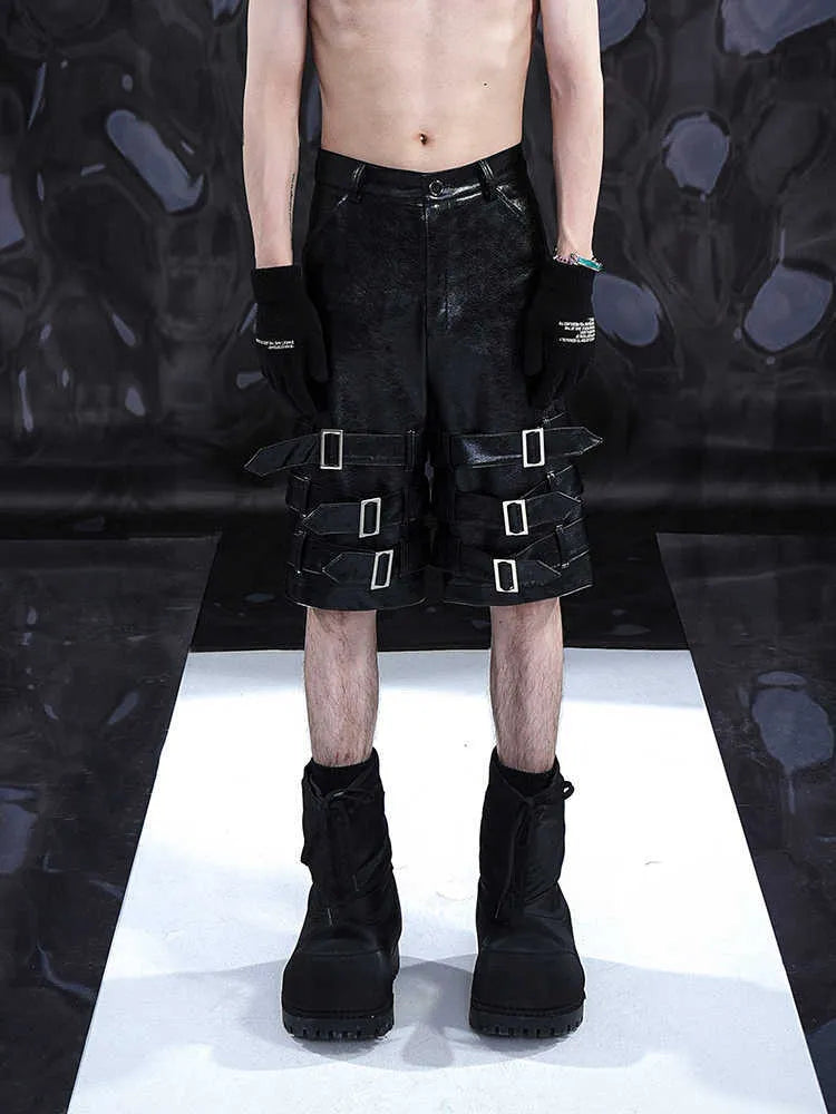 Men's black PU leather cropped shorts with medium low waist design