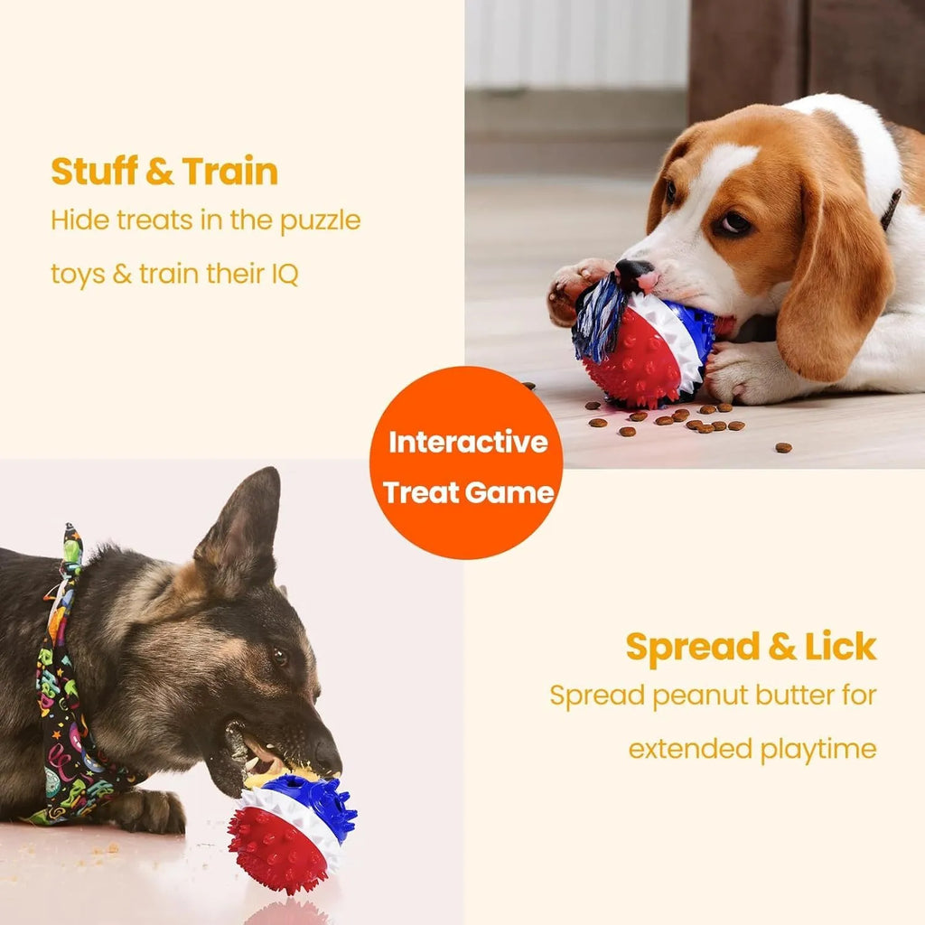 Blue and red squeaky dog chew ball with treat hole and textured surface