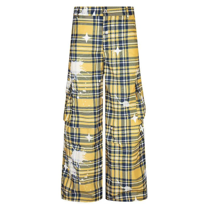 Men's blue and yellow tartan check loose fit straight leg casual overalls