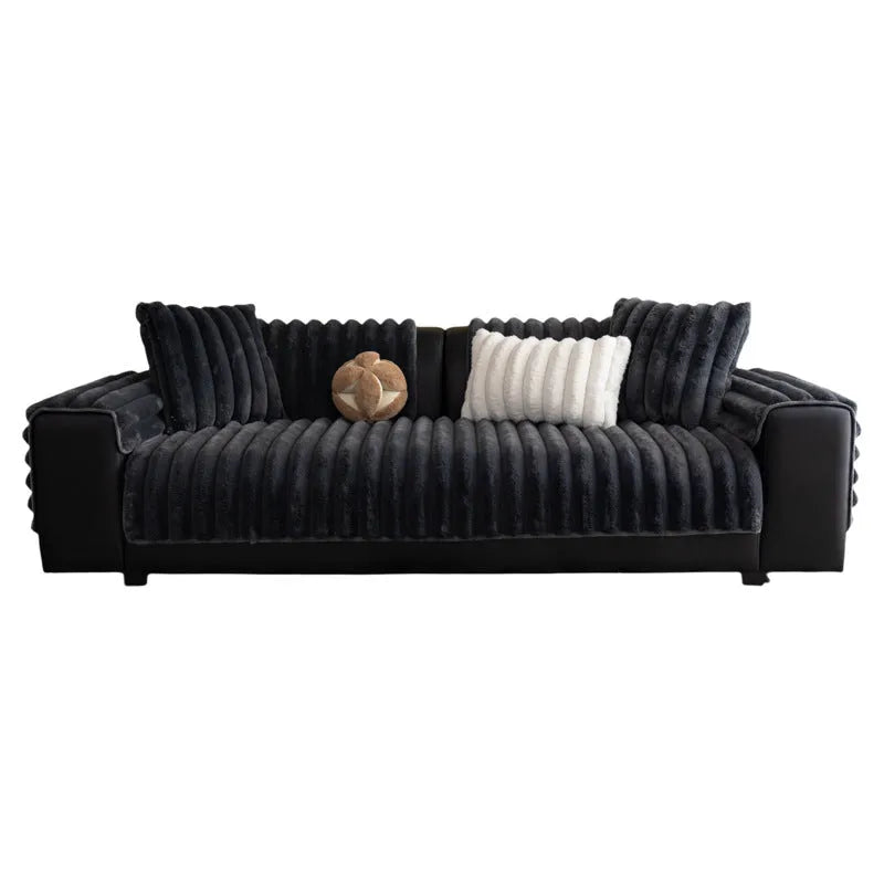 Striped rabbit plush flannel sofa cushion in dark gray with antislip backing