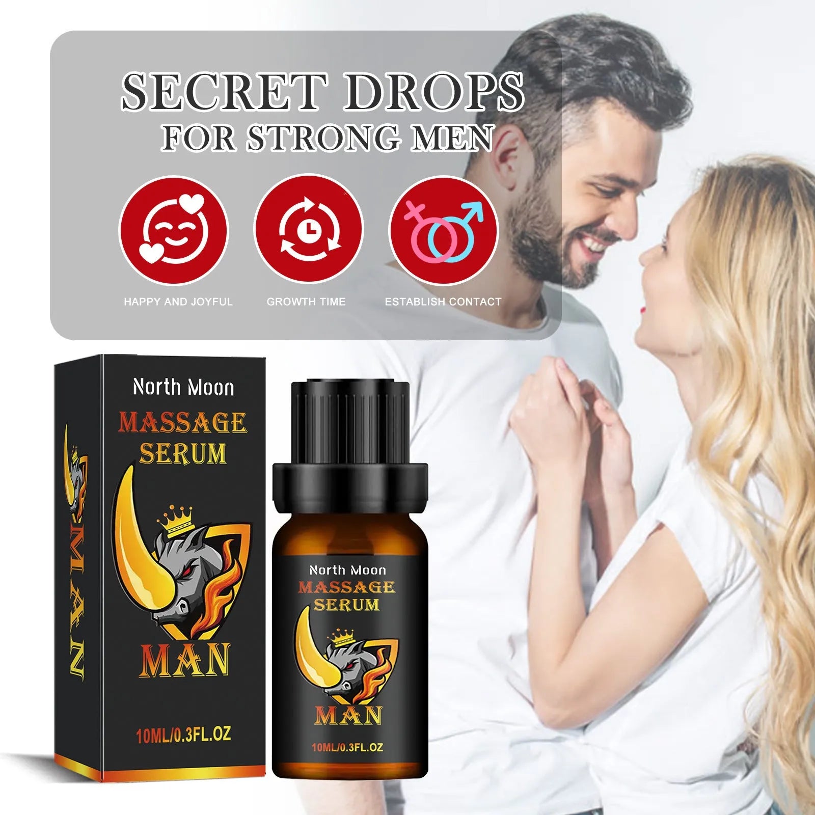 10ml bottle of men's massage essential oil with ginger and jojoba ingredients