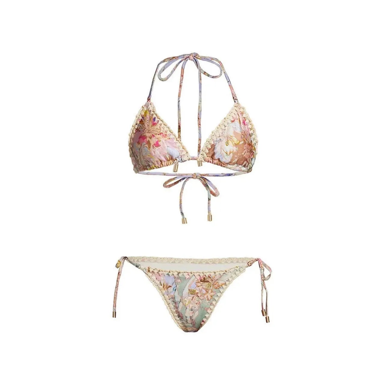 Women's creamy-white floral bikini set with top, briefs, and skirt for beach swimming
