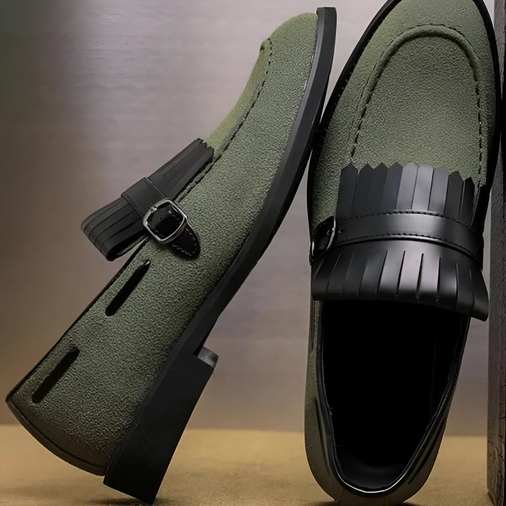 Men's gray denim loafer shoes with tassel accents, pointed toe, flat heel, low-cut casual summer footwear