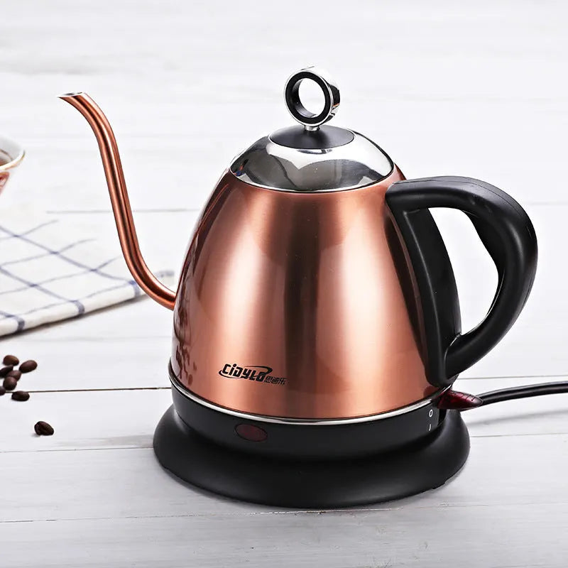 Stainless steel electric kettle with touch control panel in gold colour showing 1L capacity markings