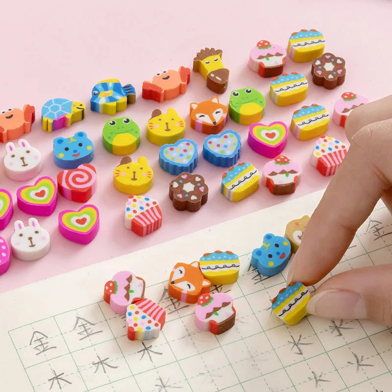 50 small colourful cartoon erasers featuring fruit, animal, cake, and theme designs in a pearlescent bag.
