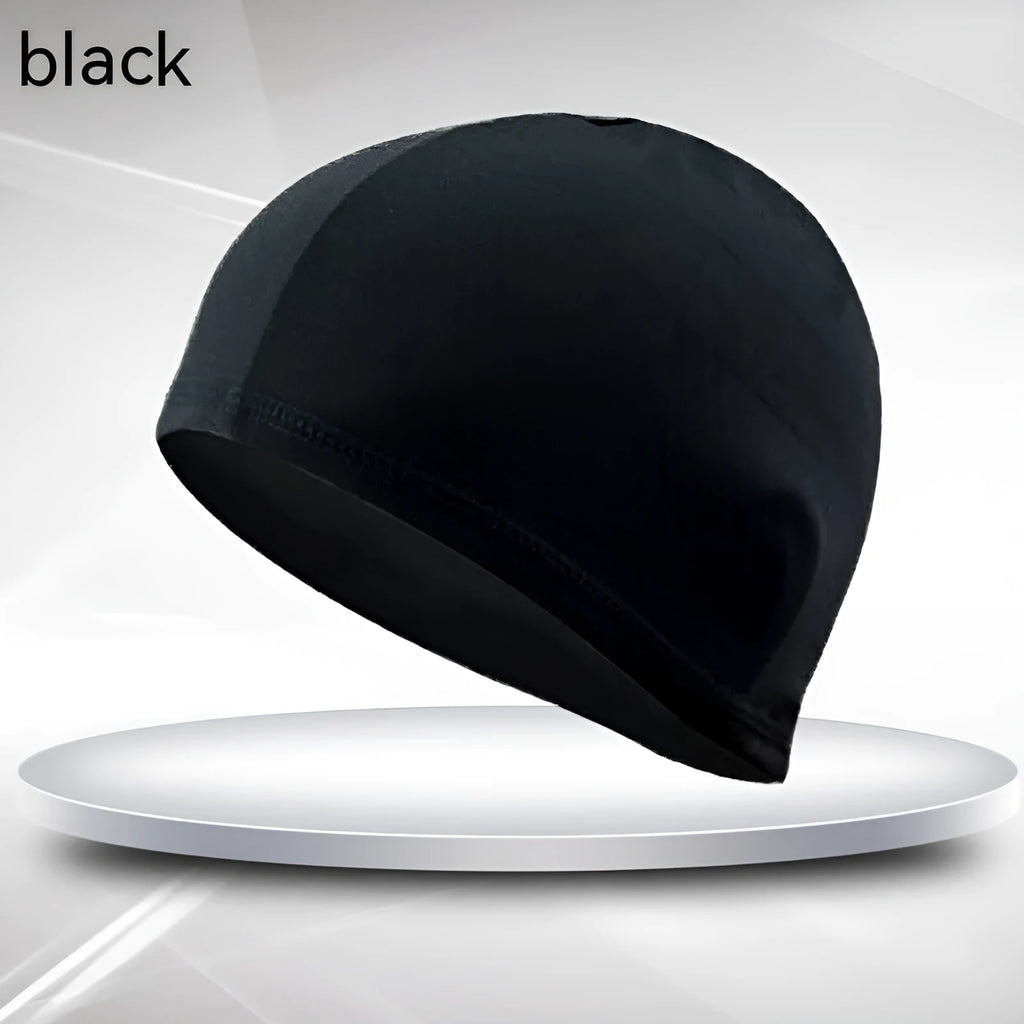 Black polyester swim cap with single line detail for adult swimming