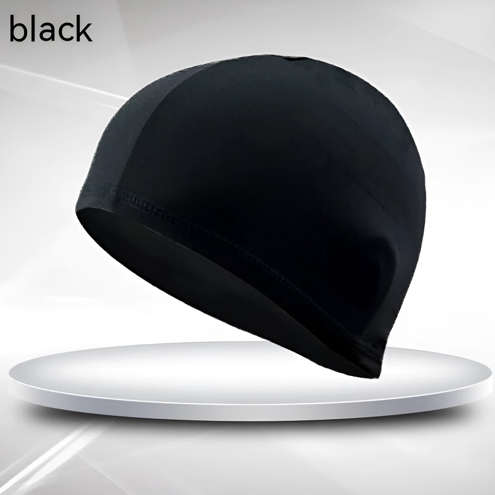 Black polyester swim cap with single line detail for adult swimming