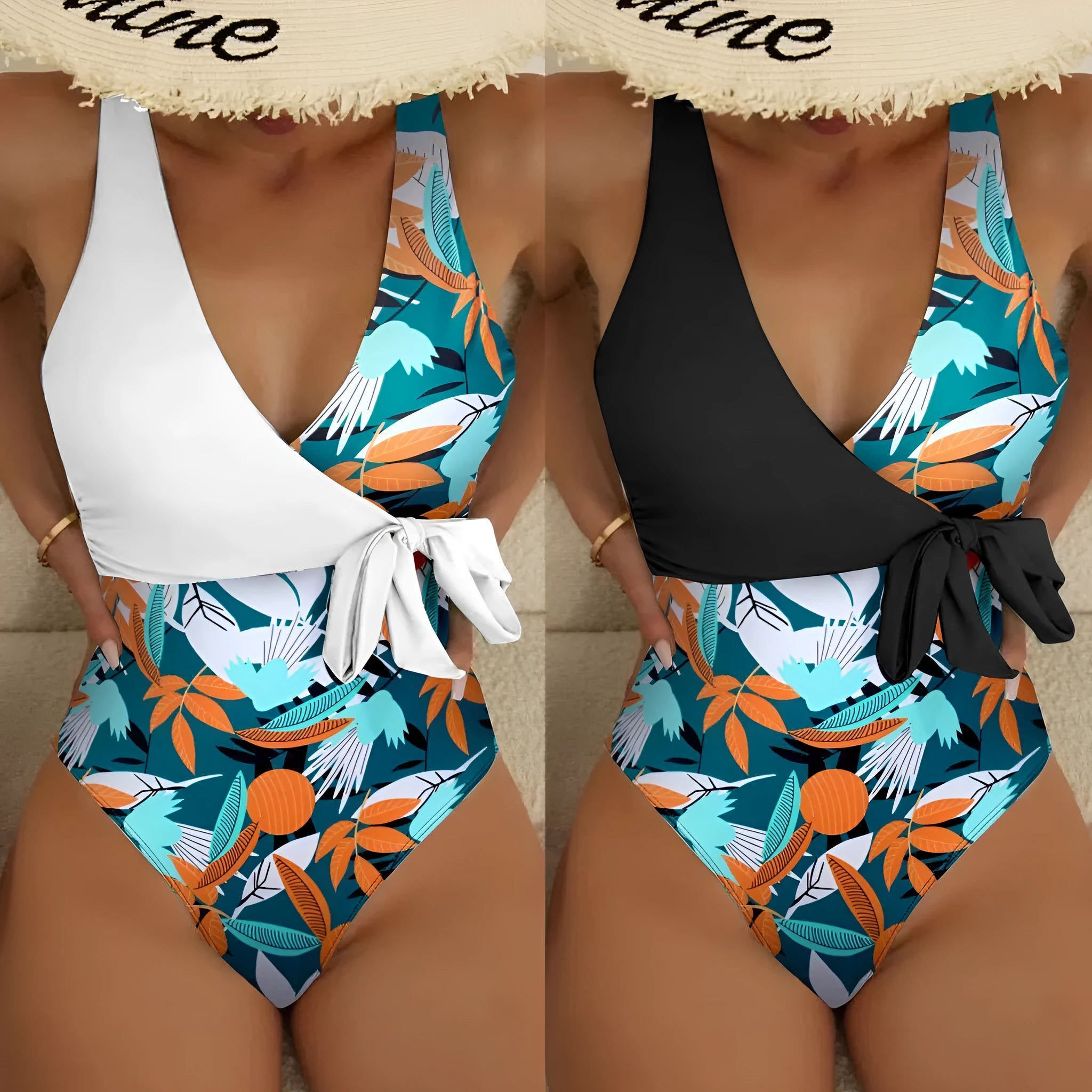 Women's high waist one-piece swimsuit in printed pattern, available in black or white.