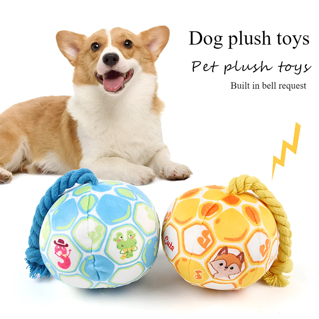 Blue and yellow elastic football dog tug toy with cotton rope construction for chewing and interactive play