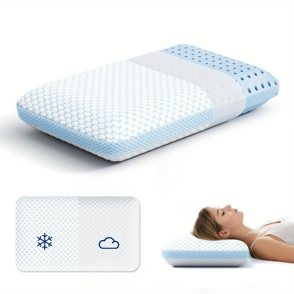 Household cervical memory foam pillow 63x36x13.5cm shown with medium molecule air layer cover in white and blue