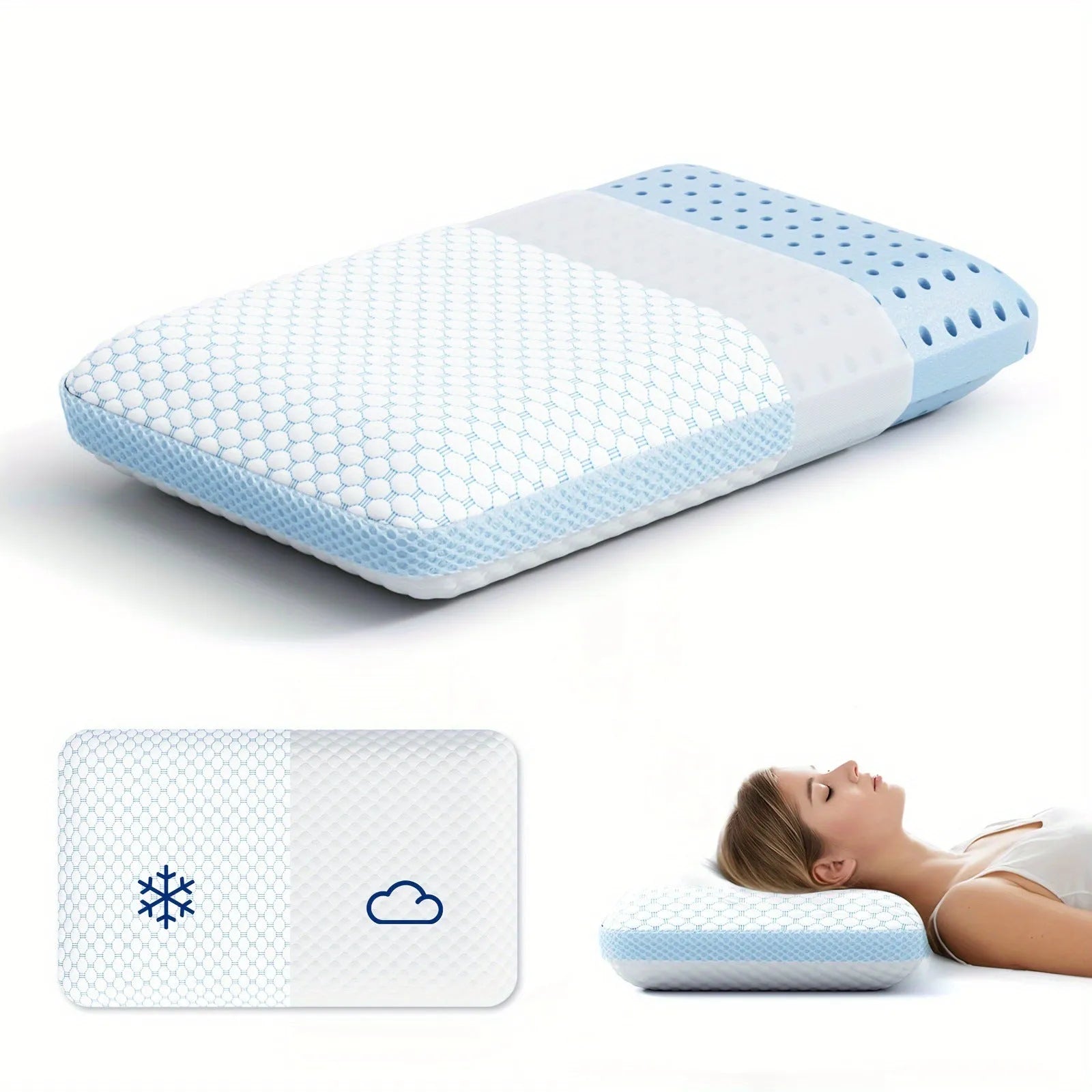 Household cervical memory foam pillow 63x36x13.5cm shown with medium molecule air layer cover in white and blue