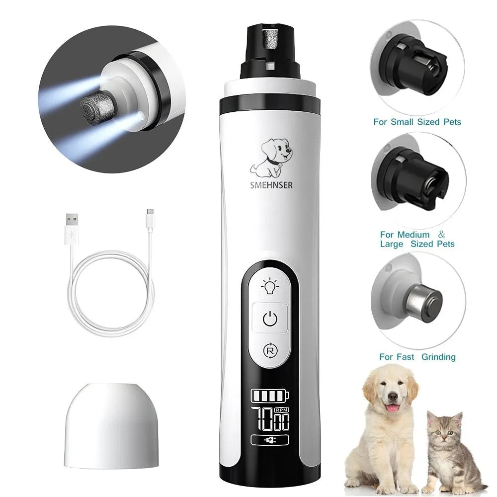 Electric dog nail grinder device showing LED indicators and LCD display for 3-speed pet nail trimming