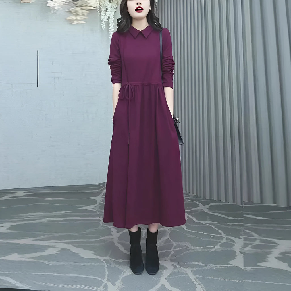 Purplish red women's plus size dress with extra long sleeves and long skirt for autumn winter wear