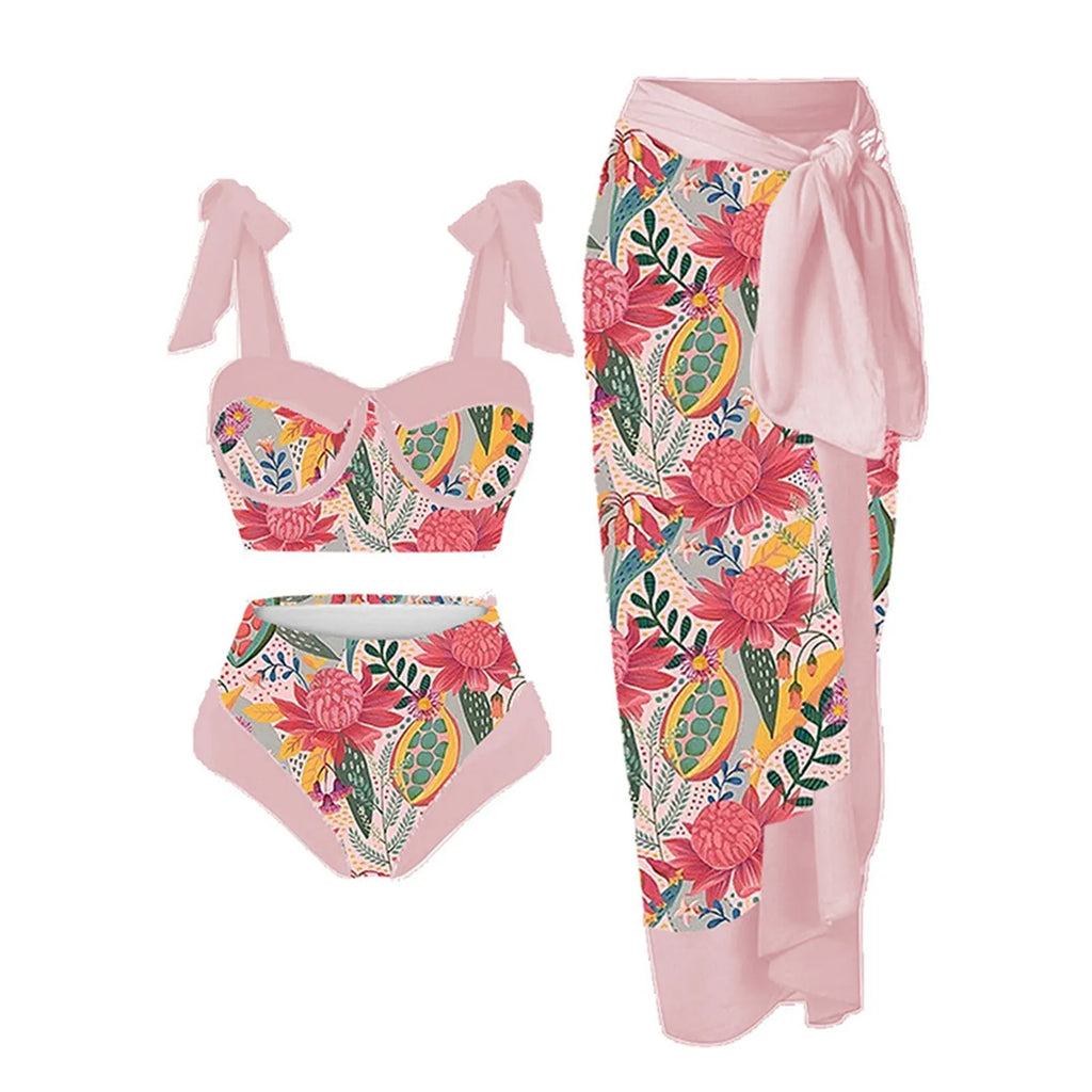 Women's pink printing split swimsuit three-piece set with separate skirt, bra and panties on mannequin