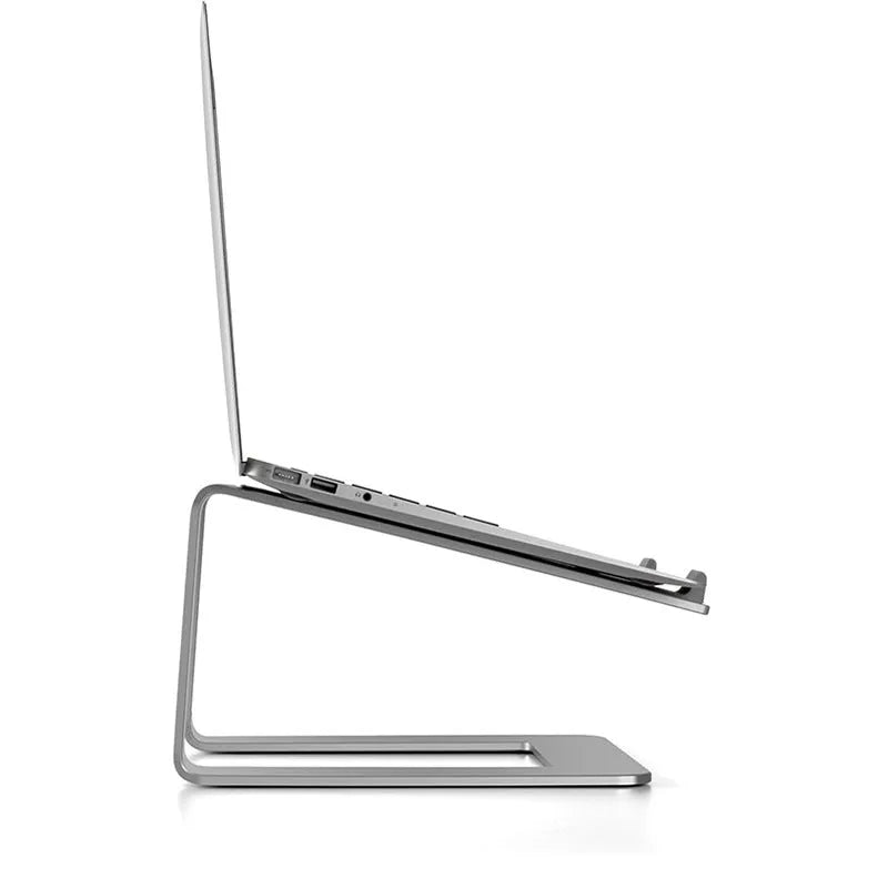 Aluminium alloy laptop stand riser in black or silver with 18.5cm height and non-slip silicone pads