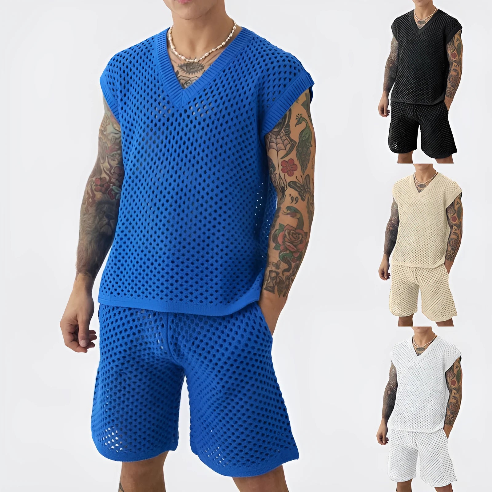 Men's blue knitted V-neck vest and matching shorts summer sports set