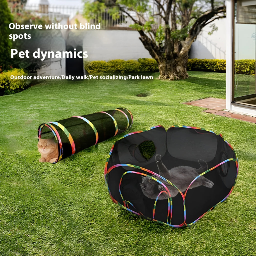 Foldable mesh cat roll cage showing multiple shape configurations including hexagonal, tee, and tent designs