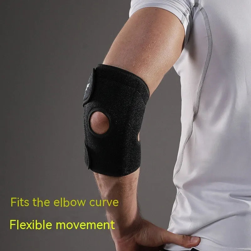 Black adjustable sports elbow guard shown on an arm.