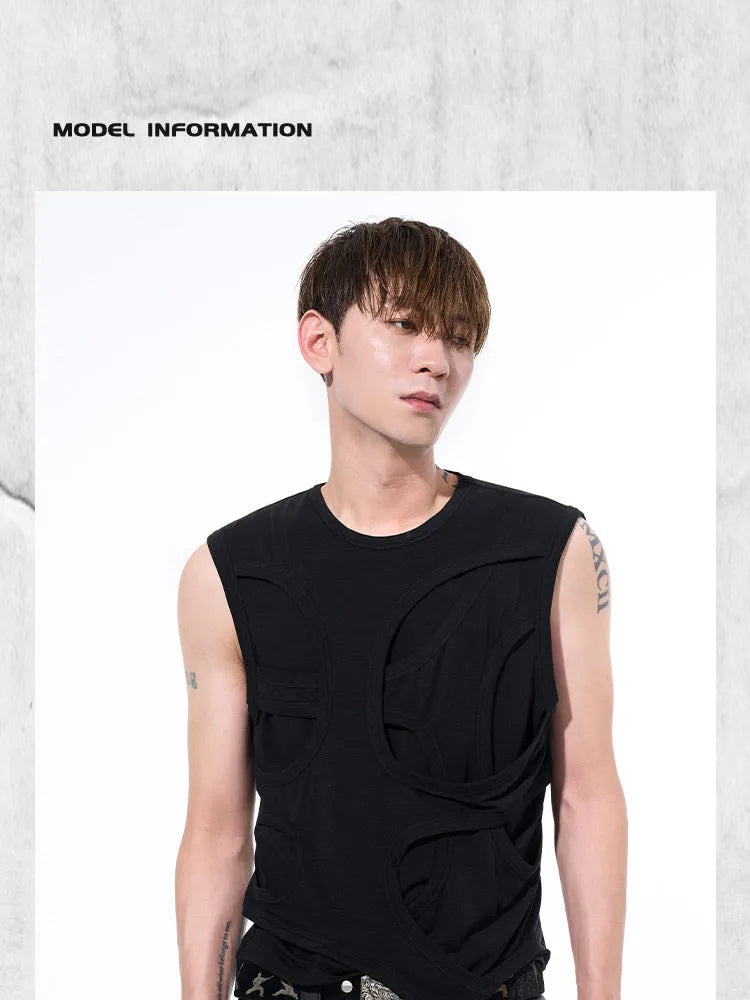 Men's solid black lyocell vest with round neck on a grey background.