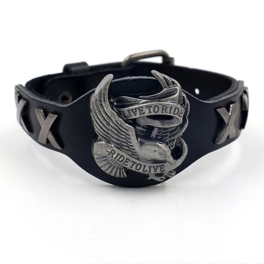 Geometric black leather bracelet with alloy eagle detailing showing tapered width design