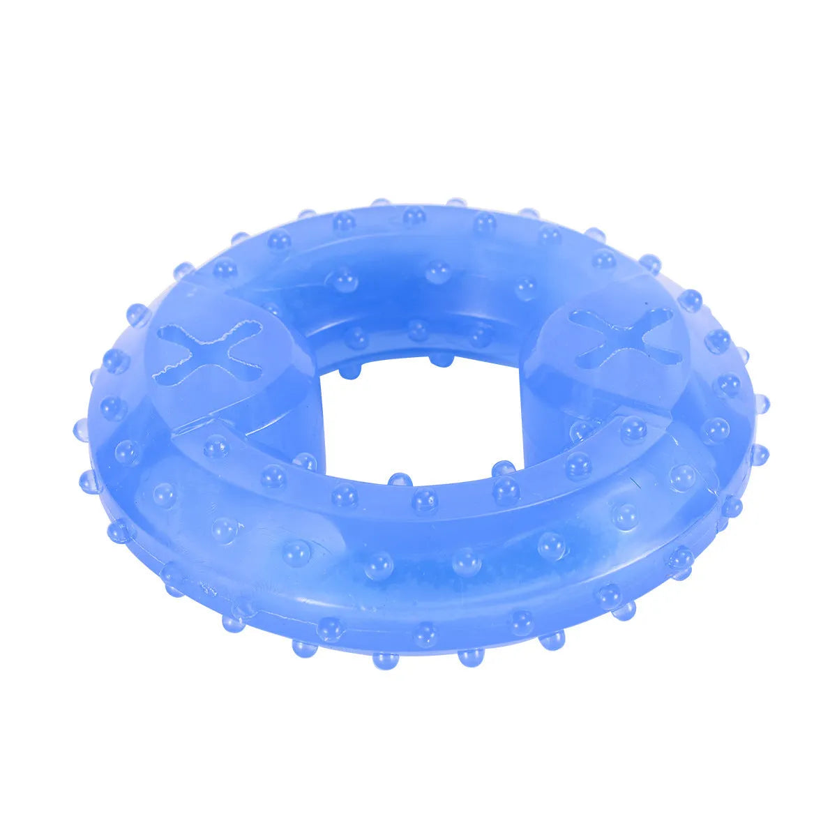 Freezable blue dog chew toy with textured surface for cooling and dental care.