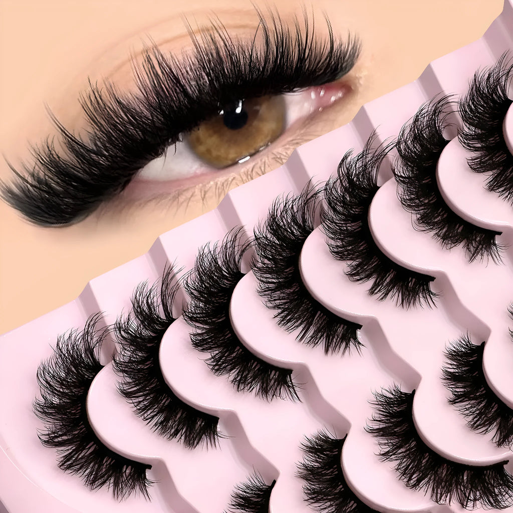 Six style variations of natural false eyelashes with artificial fibre construction and included adhesive