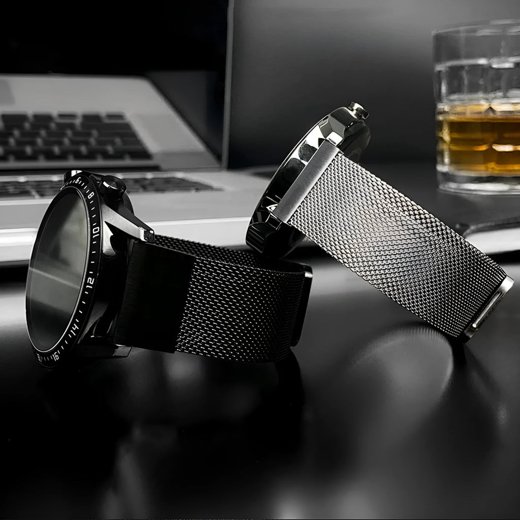 Stainless steel replacement watch strap for Garmin Fenix 7 and 6 models in silver, black, gold, or rose gold.