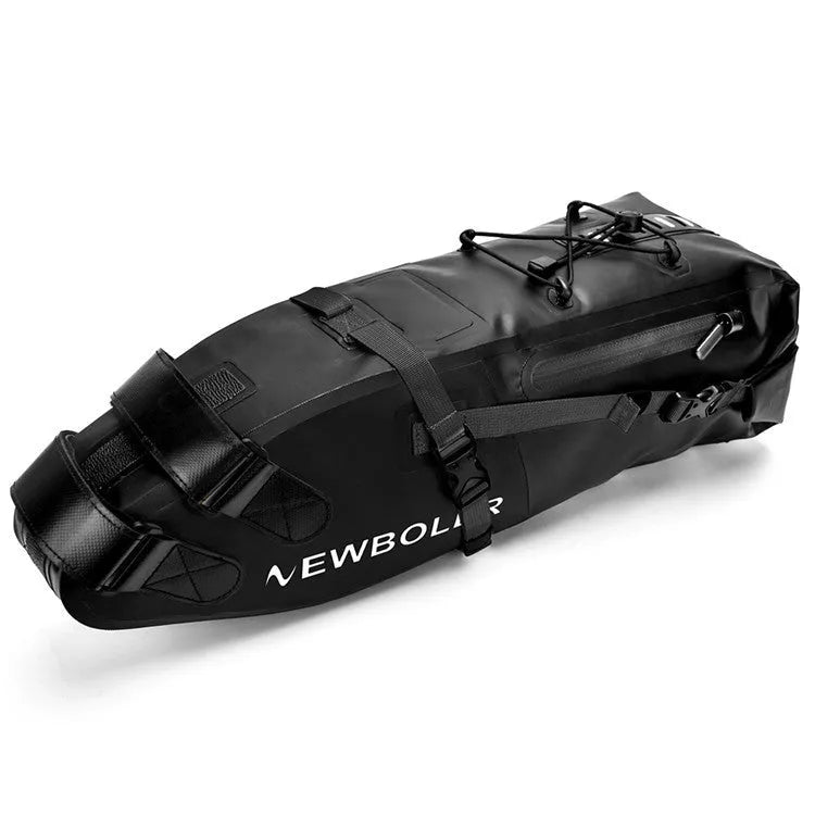 Large black waterproof bicycle tail bag attached to a bike seat post, showing its 13 litre capacity.