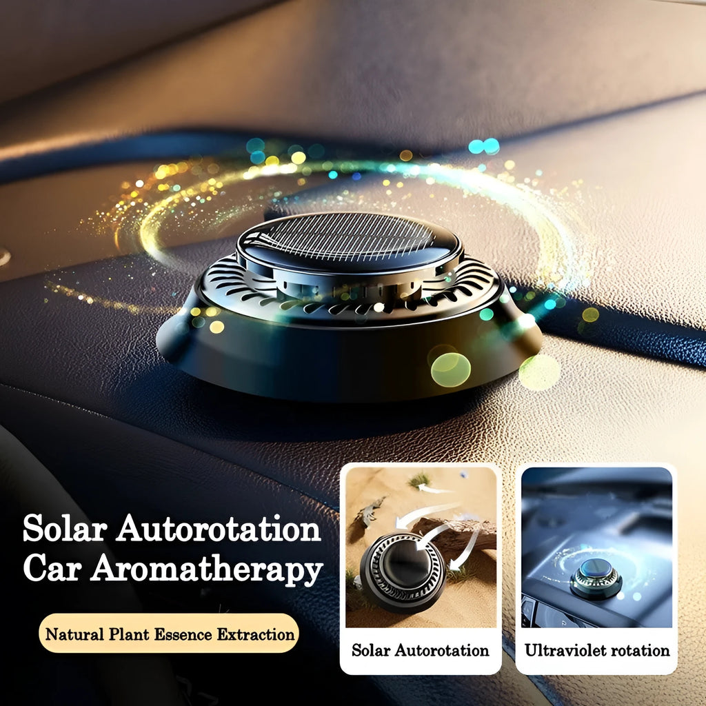 Solar-powered kinetic car air freshener with rotating double ring diffuser in black plastic